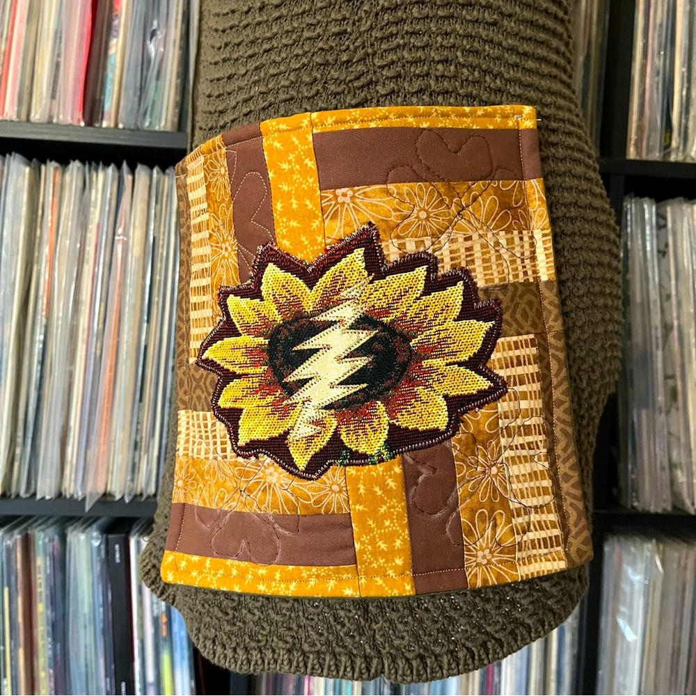 J. Jill Olive Green Knit Sweater with Sunflower Patchwork Detail